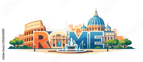 Rome letters with colorful fountain and landmarks in bright plaza