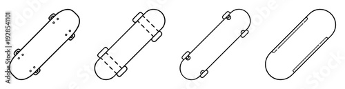 Line art illustration showing different stages of a skateboard evolution