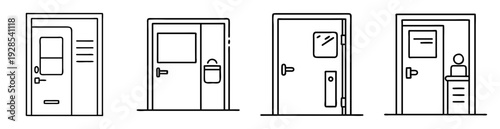 A collection of line art illustrations depicting diverse door designs