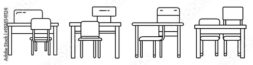Outlined drawing of four school desks and chairs in a row