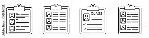 Black and white drawing of clipboards with profile pictures and document text
