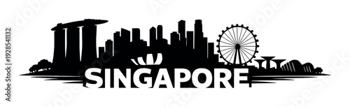 Illuminated singapore letters with ferris wheel and skyline silhouette
