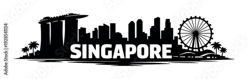 White singapore text over dark city skyline silhouette