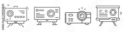 Line art image depicting four unique projector designs in black and white