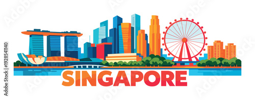 Singapore skyline with ferris wheel and waterfront reflection