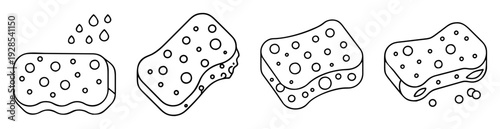 Line art illustration of cleaning sponges and water droplets for washing