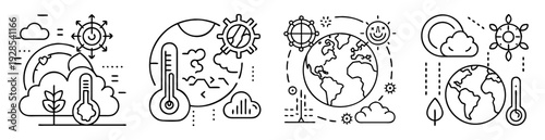 Black and white line art depicting various climate change related icons