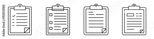 Four stylized clipboards with various checklists, checkmarks, and folded corner accents