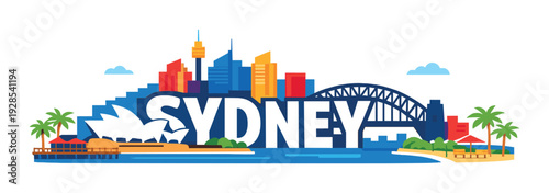 Sydney skyline with bold lettering and harbour landmarks