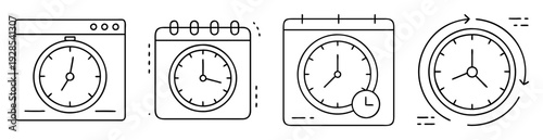 Simple line drawing icons depicting time related items in various formats