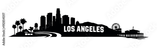 Los angeles illuminated text with skyline silhouette and wheel