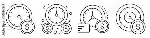 Vector Illustration Concept of Time is Money with Clocks and Coins