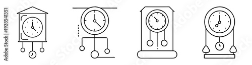 Line art illustration of four different vintage pendulum wall clocks