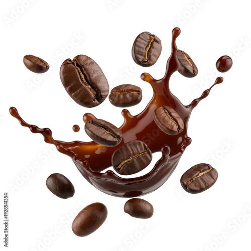 Rich coffee beans splashing in dynamic brown liquid