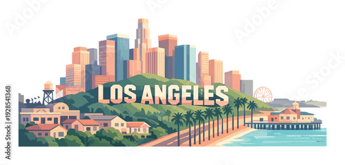 Los angeles letters on hillside with skyline and palm promenade