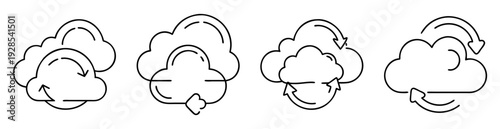 Set of outline cloud icons featuring arrows indicating data synchronization process