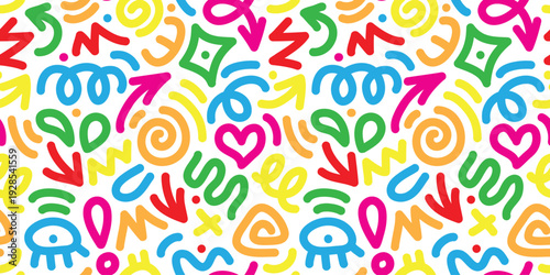 Vibrant colorful doodle pattern with arrows hearts and shapes
