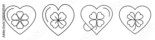 Four hearts containing shamrocks and a flower arranged side by side in line