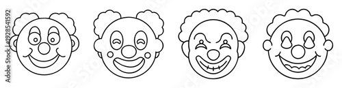 Four cartoon clown heads with different facial expressions outline illustration