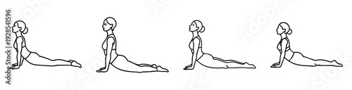 Four illustrations showing a woman performing the upward facing dog yoga pose
