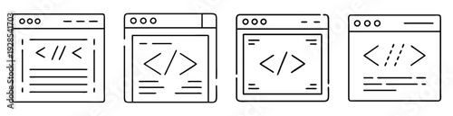 Collection of simple line art depicting coding windows and programming interfaces