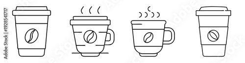 Simple line drawing illustration of hot coffee cups with coffee bean logo