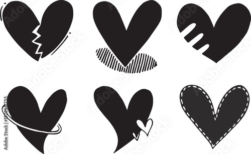Collection of distressed and broken heart symbols in black