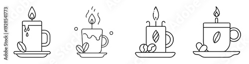 Minimalist line art illustration of coffee bean scented candles in mugs
