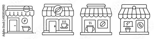 Four delightful cartoon coffee shop storefronts lined up in minimalistic design