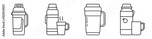 Outlined vector set of thermos flasks and mugs for hot drinks