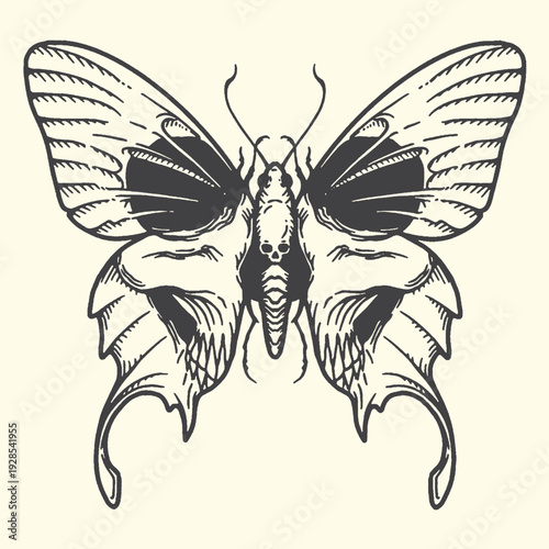 Gothic butterfly with skull face illustration in vintage engraving style, symbol of transformation and darkness