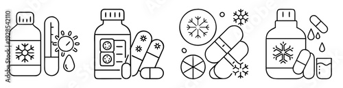 Black and white line drawing of cold and flu medication and pills