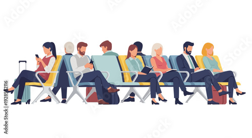 Diverse group of people waiting at the airport terminal, sitting on benches and using devices