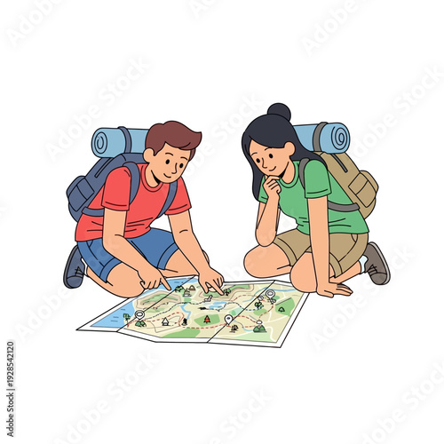 Two hikers planning their route on a map together, crouched on the ground, outdoors, seen from above