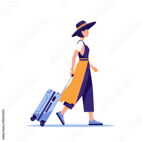 A woman walking with a suitcase, conveying a sense of adventure and journey
