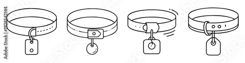 Variety of simplistic black and white pet collars with attached tags