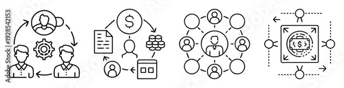 Business process icons representing networking, finance and operational concepts of a company