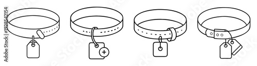 Four black and white stylized images of different dog collars with tags