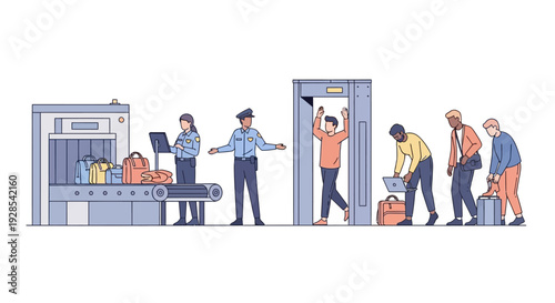 Security personnel inspecting people and packages at a security checkpoint from a side viewpoint