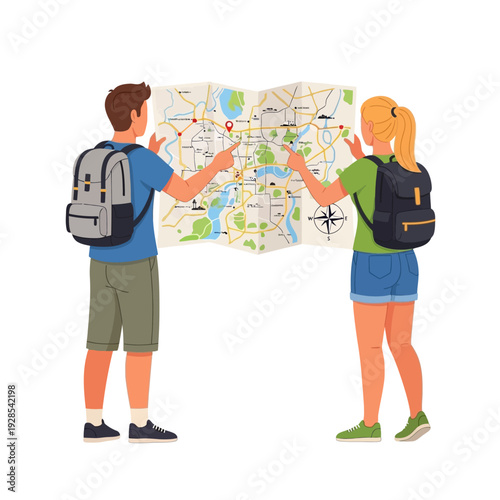 Couple planning trip together looking at a detailed map with routes marked