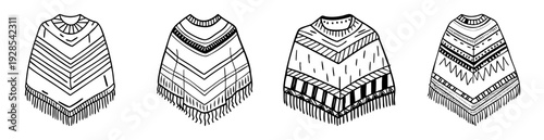 Four black and white ponchos with fringe in a vector style