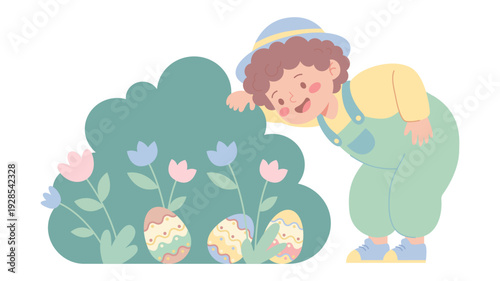 Adorable child bending to search for decorated Easter eggs hidden behind a spring bush with flowers. Soft pastel flat vector illustration for holiday designs.