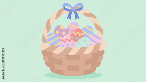 Braided wicker basket filled with pastel decorated Easter eggs isolated on soft background. Flat vector illustration perfect for greeting cards and seasonal marketing.