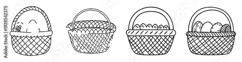 Four unique black and white easter baskets filled with treats or blank
