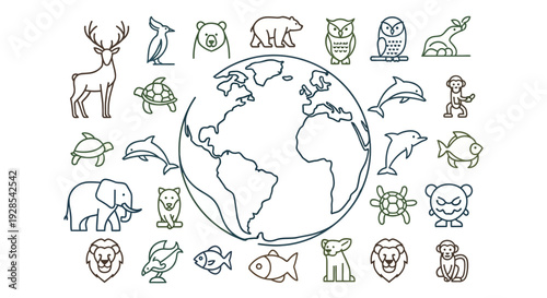 Colorful illustration of a globe surrounded by various animal silhouettes for World Wildlife Day conservation concept
