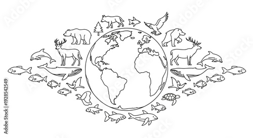 A colorful illustration of a globe surrounded by animals and fish on World Wildlife Day with a conservation theme