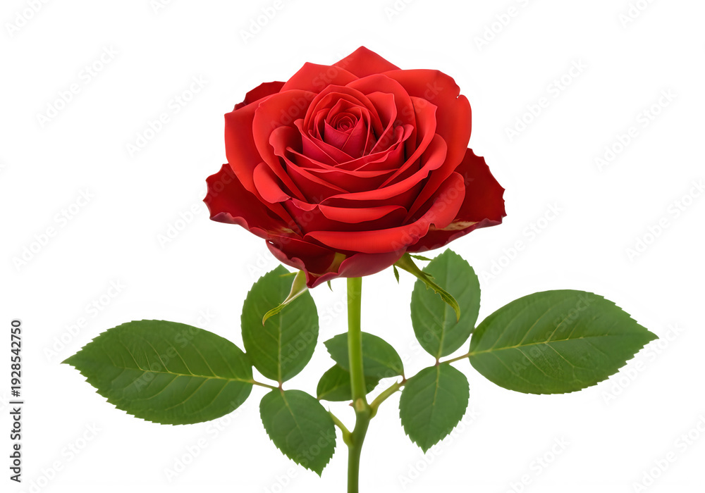 Fototapeta premium A red rose with green leaves on a white background isolated on transparent background