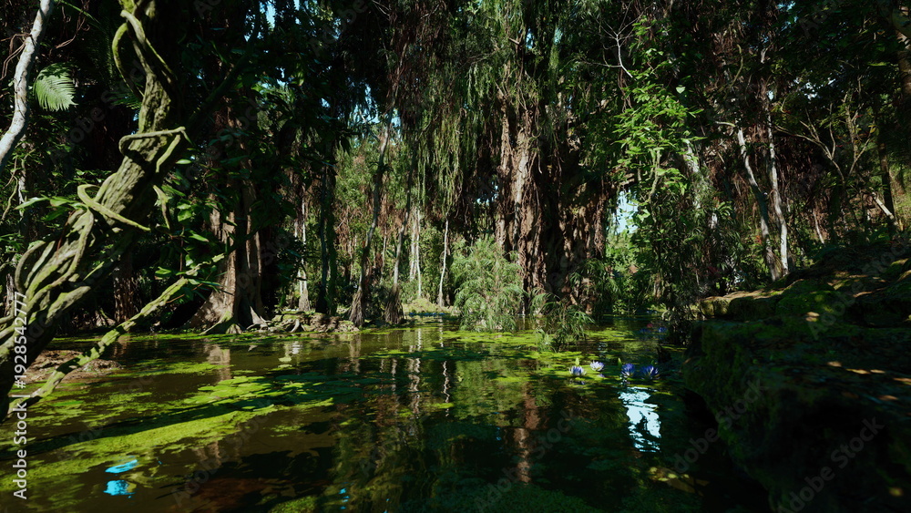 Fototapeta premium sunlit cypress pool with exposed root systems and clear reflections, warm shafts of light through canopy, ideal site for botanist survey and ecosystem mapping