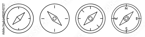 Set of four compasses in various orientations and designs in line art