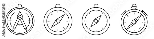 Set of four simple line art style compasses on a white background